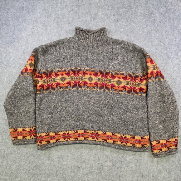 Vintage Abercrombie & Fitch Sweater Womens Medium Gray Wool Rollneck Fair Isle - Picture 2 of 11